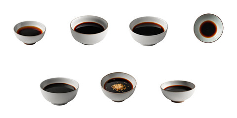 Collection of varying white bowls filled with soy sauce, displayed from multiple angles, isolated on a transparent background for culinary and food presentation use.