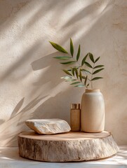 Aufkleber - Minimalist Product Display With Stone, Vases, and Bamboo on Wood Slice, Ideal for Cosmetic Mockups and Sustainable Lifestyle Marketing : Generative AI