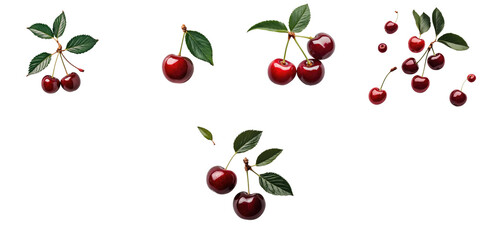 Red cherries with green leaves displayed on transparent background, featuring various arrangements of whole and cut cherries isolated for easy use in designs.
