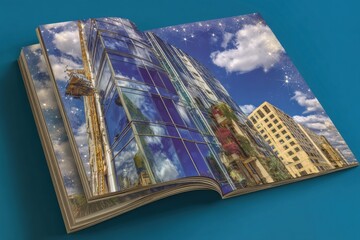 Poster - Open Book Displaying Modern Buildings Under Construction With Sky Reflections, Representing Urban Development and Architectural Innovation : Generative AI