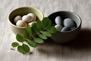 Aufkleber - Two Bowls of Smooth Stones With Green Leaves, Representing Wellness and Sustainable Living in a Serene Still Life Composition : Generative AI