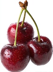 Poster - Three Fresh Cherries with Water Droplets on White Background, Symbolizing Healthy Eating and Summer Harvest : Generative AI