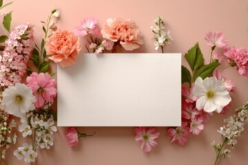 Poster - Floral Frame With Blank White Card on Pink Background, Ideal for Wedding Invitations and Seasonal Greetings, Showcasing Beauty and Celebration : Generative AI