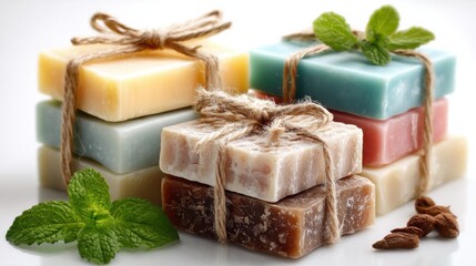 Aufkleber - Stacked Handmade Soaps with Natural Twine and Mint, Showcasing Wellness and Sustainable Lifestyle Products for E-Commerce : Generative AI