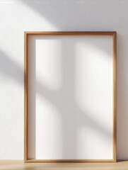 Leinwandbilder - Empty Wooden Frame Leaning Against White Wall With Sunlight, Ideal for Mockups and Showcasing Creativity : Generative AI