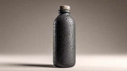 Aufkleber - Matte Black Bottle Covered in Water Droplets, Representing Hydration and Product Presentation for Advertising and Marketing Campaigns : Generative AI