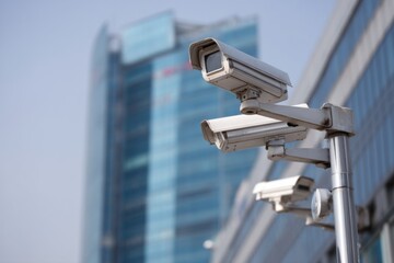 Leinwandbilder - Security Cameras Protecting a Modern Office Building, Illustrating Surveillance and Corporate Safety Measures : Generative AI