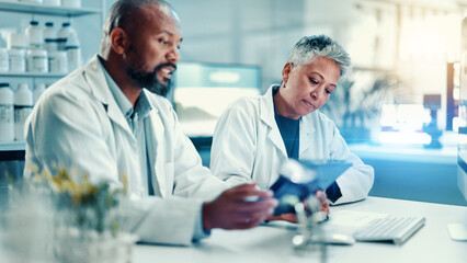 Wall Mural - science, plant and tablet with people in laboratory for biotechnology research, medical and growth. 