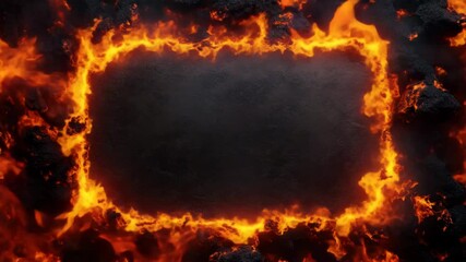 Wall Mural - Fiery frame with glowing orange flames and dark black ash, creating dramatic burning border around empty center, evoking intense heat, energy, and danger with powerful abstract glowing fire