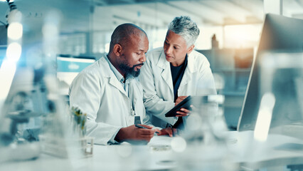 Wall Mural - analysis, scientists and team with tablet, lab or discussion for medical research for collaboration.