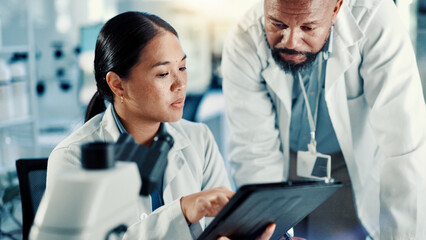 Wall Mural - science, team and research on tablet in lab for medical innovation, vaccine report and experiment. s