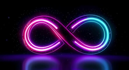Bright neon infinity symbol glowing pink and blue against dark backdrop