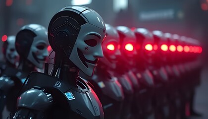 robots lined up, glowing eyes in a dimly lit environment.