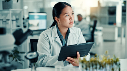 Aufkleber - Asian woman, tablet and thinking in lab for biology with medical research, vaccine report and medicine. Science, pharmaceutical and scientist on tech for sample study, medicinal analysis and results