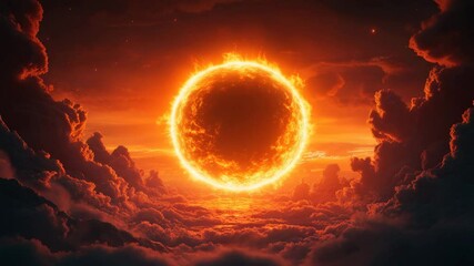 Wall Mural - Fiery sun glowing sphere dramatic sky with burning clouds, intense light, surreal landscape, vibrant orange cosmic scene, powerful energy, and atmospheric mood, creating surreal, glowing