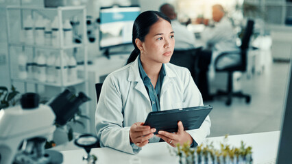 Aufkleber - Science, lab and woman on tablet and computer for medical research, vaccine report and medicine. Healthcare, pharmaceutical and scientist on tech for study, medicinal analysis and digital results