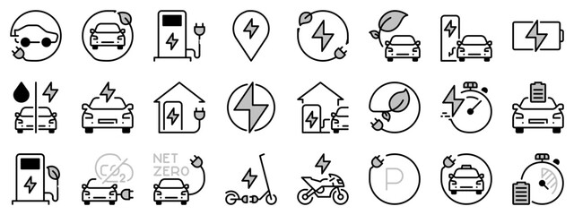 Wall Mural - Icons in two tones about electric vehicles. Sustainable development