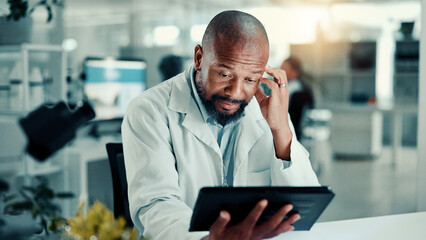 Aufkleber - Science, lab and man on tablet thinking with stress for medical research, vaccine report and medicine. Worry, pharmaceutical and scientist on tech for healthcare study, analysis and digital results
