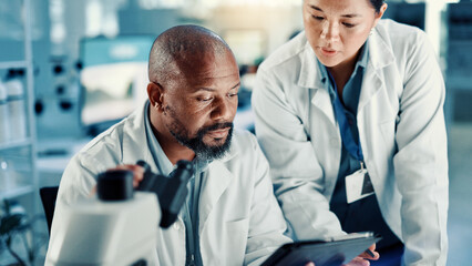 Wall Mural - science, people and discussion with tablet in lab for medical research, vaccine report and review. s