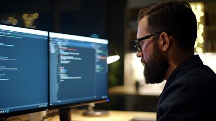 Bearded programmer coding on dual monitors at night in a modern office setting