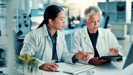 Wall Mural - scientist team, tablet or research in laboratory for medical innovation, plant science or results. b