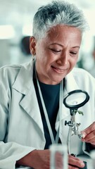 Aufkleber - Scientist, woman and magnifying glass for plant research, development or gmo experiment. Science, mature worker and hand lens to analyze leaf, medical test or smile for agriculture innovation in lab
