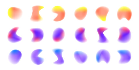 Poster - Set of defocused soft color gradient circles for creative graphic. Gradient aura, grain neon blob with noise effect vector illustration. Abstract color watercolor blur mesh shape on white background. 