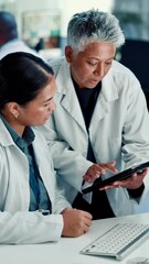 Poster - Science, meeting and women on tablet in lab for medical research, results and feedback. Healthcare team, pharmaceutical and scientists on tech for vaccine study, breakthrough and medicine discovery