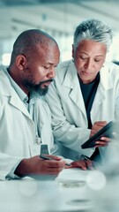 Poster - Science, meeting and scientist team on tablet in lab for medical research, results and feedback. Healthcare, pharmaceutical and people on tech for vaccine study, breakthrough or medicine discovery