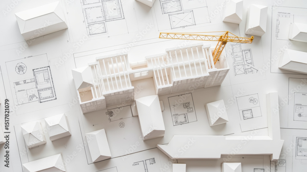 Detailed architectural model sits atop blueprints, showcasing ...
