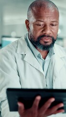 Aufkleber - Man, scientist and research with tablet at laboratory for experiment results or medical tests. Male person, science and analysis with technology or exam for new study, discovery or data at clinic