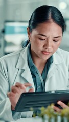 Aufkleber - Serious, scientist and woman with tablet, lab or medical research for cancer cure, review or online. Clinic, oncologist and person with tech for analysis, diagnosis and digital records for illness