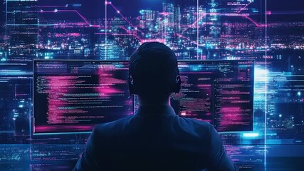 Hacker silhouette coding software with neon city background at night, cyberpunk theme