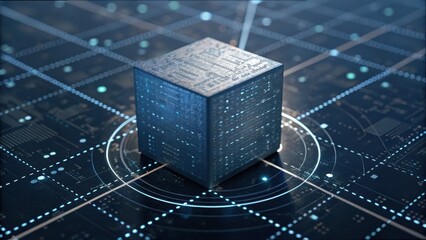 Poster - Floating Cube on Digital Grid with Code and Data Representation