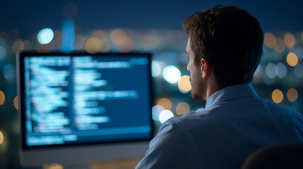 Wall Mural - a programmer coding in a modern office with a city view