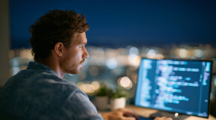 Wall Mural - programmer coding algorithms with city skyline view in modern office