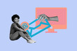 © deagreez - Trendy art creative full zine photo collage of happy girl sit pc monitor device hands send newsletter mailbox correspondence
