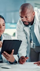 Poster - Science, writing and people on tablet in lab for medical research, results and feedback. Healthcare team, pharmaceutical and scientists on tech for vaccine study, cure development and medicine