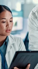 Poster - Science, talking and people on tablet in lab for medical research, results and feedback. Healthcare team, pharmaceutical and scientists on tech for vaccine study, breakthrough or medicine discovery