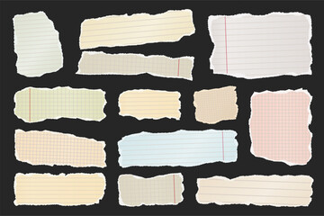Wall Mural - Ripped paper strips. Realistic crumpled paper scraps with torn edges. Shreds of notebook, book or old newspaper pages. Trendy collage elements. Vector illustration