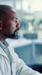 Aufkleber - Black man, scientist and medical research at laboratory for experiment or test results. Male person, biologist or science development with technology for breakthrough or new discovery at clinic