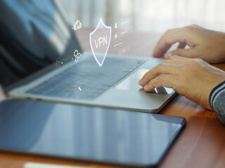 Wall Mural - shield, vpn or virtual private network encrypted connection, internet security, online privacy prote