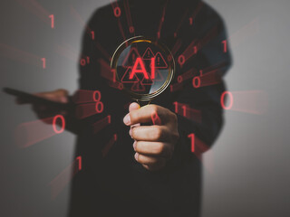Wall Mural - developer holding magnifying glass shows ai warnings, technology, program bugs, threat alerts, priva