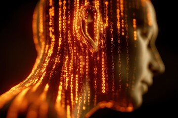 An AI data stream simulation over human face showcasing digital information, a representation of artificial intelligence and data processing in future technology era.