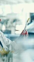 Aufkleber - Scientist, hands and plant with test tube in laboratory for botany, medical research and smile. Doctor person, biotechnology and examine sample for pharmaceutical study or sustainable ecology