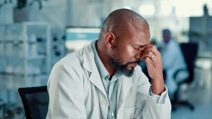 Aufkleber - Frustrated, man and scientist with headache for stress, overworked or strain at laboratory. Male person, employee or migraine with pain or research for science fail, medical mistake or pressure