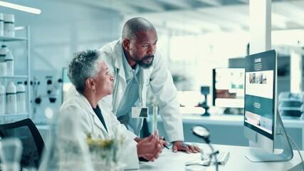 Aufkleber - Biology, computer screen and science with people in laboratory together for medical research. Development, healthcare and sample with mature scientist team at work on clinical trial for innovation
