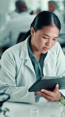 Aufkleber - Medical research, scientist and woman with tablet, lab and online for cure of illness or healthcare. Clinic, oncologist and person with tech for analysis, diagnosis and digital records for cancer