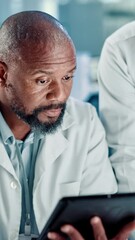 Poster - Science, healthcare and people on tablet in lab for medical research, results and feedback. Team, pharmaceutical and scientists talking on tech for vaccine study, breakthrough or medicine discovery