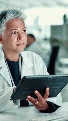 Aufkleber - Lab, scientist and mature woman with tablet, browsing or serious for medical research or healthcare. Clinic, neurologist and person with tech for analysis, online and digital records for Alzheimer